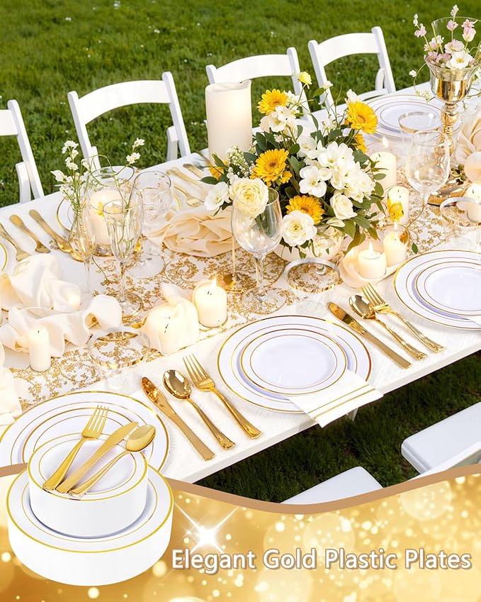 GATHER 350PCS Gold Plastic Plates - White and Gold Disposable Plastic Dinnerware Set Include 50 Dinner Plates, 50 Dessert Plate, 150 Silverware, 50 Napkins, 50 Cups for Party & Wedding