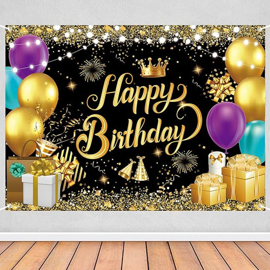 Gold & Black Happy Birthday Backdrop, 7x5ft Luxury Party Banner with Balloons Gifts & Gold Glitter Sign, Elegant Photography Background for Men & Women, Adult Birthday Decorations