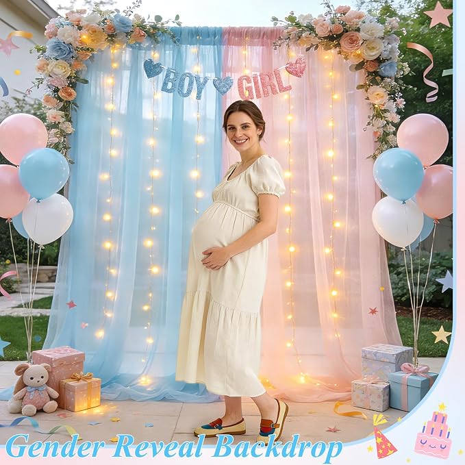 Ledido 2 Pack 10×10ft Pink Blue Tulle Backdrop Curtain with Light String - 600LED Fairy Light Sheer Curtain Backdrop for Gender Reveal Baby Shower Photo Shoot Birthday Party Decoration(4 Panel 5×10ft)