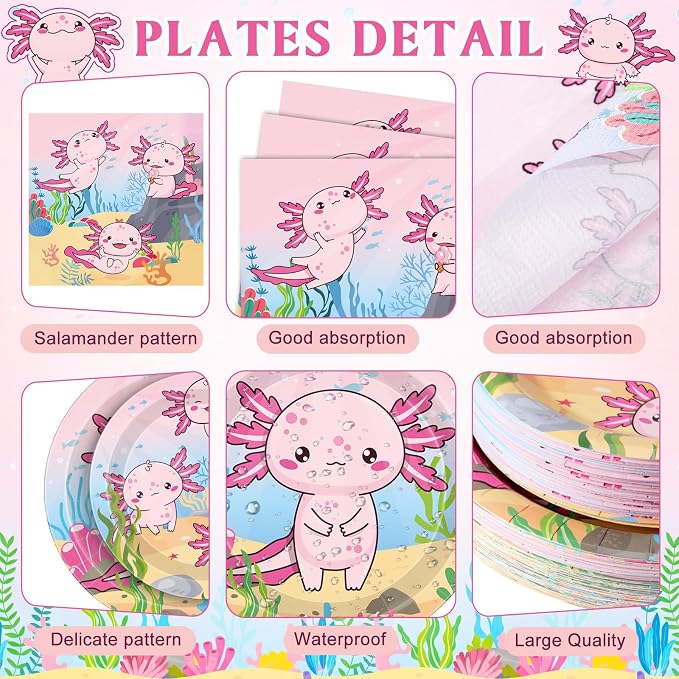 Funnymoom 400 Pcs Axolotl Birthday Party Supplies for 50 Guests Pink Cartoon Axolotl Paper Plates and Napkins Knives Spoon Fork Cup Disposable Reptile Animals Dinner Sets for Baby Shower Party