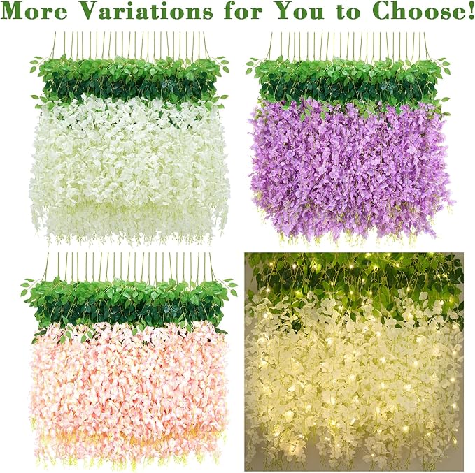 BLEUM CADE 36Pcs White & Purple Fake Wisteria Hanging Flowers, 3.6Ft/Pcs Artificial Wisteria Garland, Hanging Flowers for Wedding Party Home Backdrop Wall Decoration