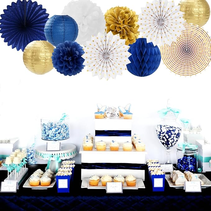 Navy-Blue White Gold Party-Decorations - 20pcs Graduation 2026 Paper Lanterns Fans,Tissue Pom Poms,Honeycomb Ball,Birthday Bridal Celebration Bachelorette Baby Shower Wedding Homecoming Decor Burgleda
