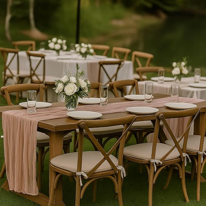 3 Pack Dusty Pink 10FT Cheesecloth Table Runners –120 Inch Blush Gauze Boho Table Decor Set for Bridal Shower, Mother’s Day Brunch, Baby Girl Party, or Romantic Wedding Reception