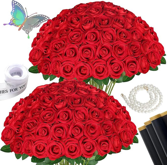 50 Pcs Fake Roses Red Artificial Flowers Bulk, Faux Velvet Silk Rose Bouquet with Long Stems Real Look for Wedding Party Centerpieces Vases Decor