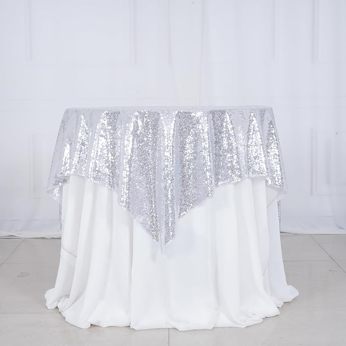 Poise3EHome Silver Sequin Tablecloth 50×50 Inch Square Sequin Fabric Table Cover Overlay for Christmas Baby Shower Birthday Party Wedding Holiday Cake Table Decoration