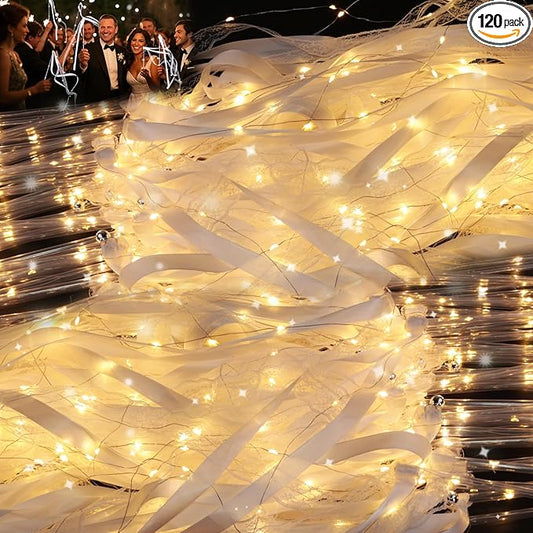 120 Pieces Wedding Wands with LED Multi Mode Light up Wands Silk Fairy Glow Ribbon Streamers with Bells for Wedding New Year Graduation Concert Raves Birthday (120 PCS)