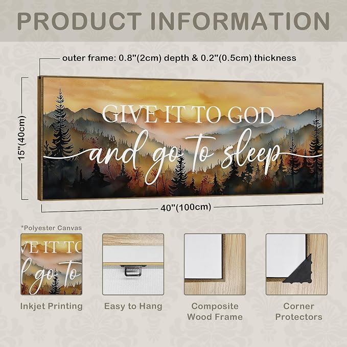 TLESKE Give It to God and Go to Sleep Sign Large Wall Art Decor 15x40 | Fall Mountain Landscape Canvas Wall Art Framed Print for Bedroom Living Room, Forest Sunset Wall Artwork Picture