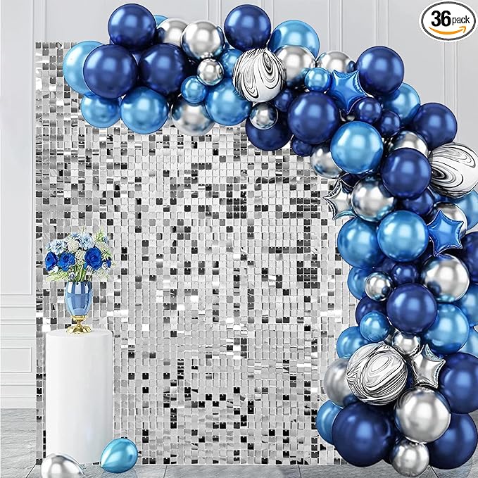 Silver Shimmer Wall Backdrop 36 Panels Cover 6 x 6 Ft, Photo Backdrops for Wedding,Anniversary,Birthday,Party Decoration