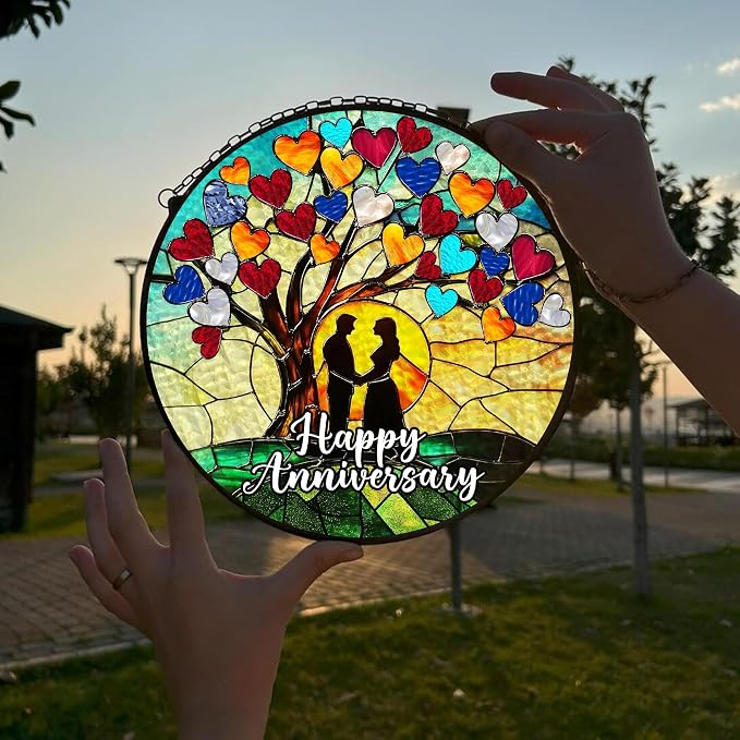 Happy Anniversary Stained Glass Suncatcher, Romantic Anniversary Wedding Gift for Wife, Husband, or Couples, Wedding Anniversary Celebration Keepsake Decoration