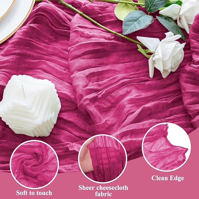 Table Runner Cheesecloth 10FT Fuchsia Boho Gauze Cheese Cloth Rustic Sheer Table Runners for Wedding Birthday Bridal Baby Shower Party Decoration