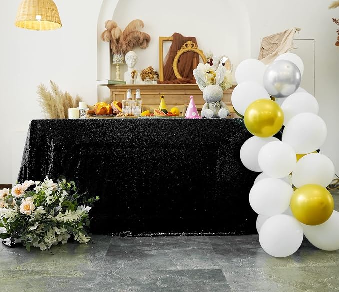 Black Sequin Tablecloth 90"x132" Party Glitter Tablecloth Rectangular Sequin Table Cover Overlay Glitter Wedding Birthday Reception Decoration Baby Bridal Shower Christmas Halloween Decorations