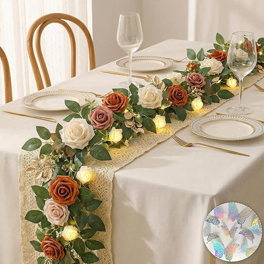 5.5FT Artificial Flower Garland Orange Rose & Greenery for Wedding Arch Backdrop Table Centerpiece Mantel Decor, with Rose String Lights & 3D Butterflies