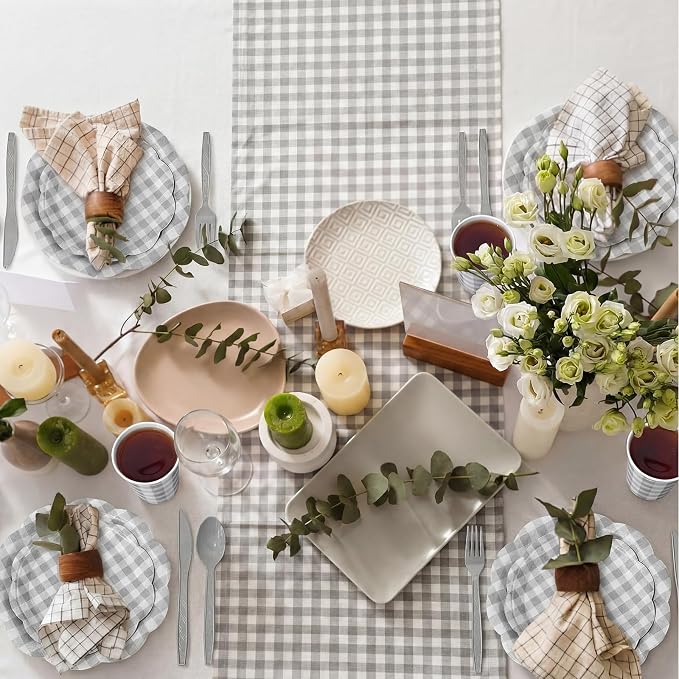 Funnymoom 400 Pcs Gingham Party Supplies for 50 Guests Gray and White Paper Plates and Napkins Knives Spoons Forks Cups Disposable Checkered Dinner Party Set Cutlery for Baby Shower Wedding Favor