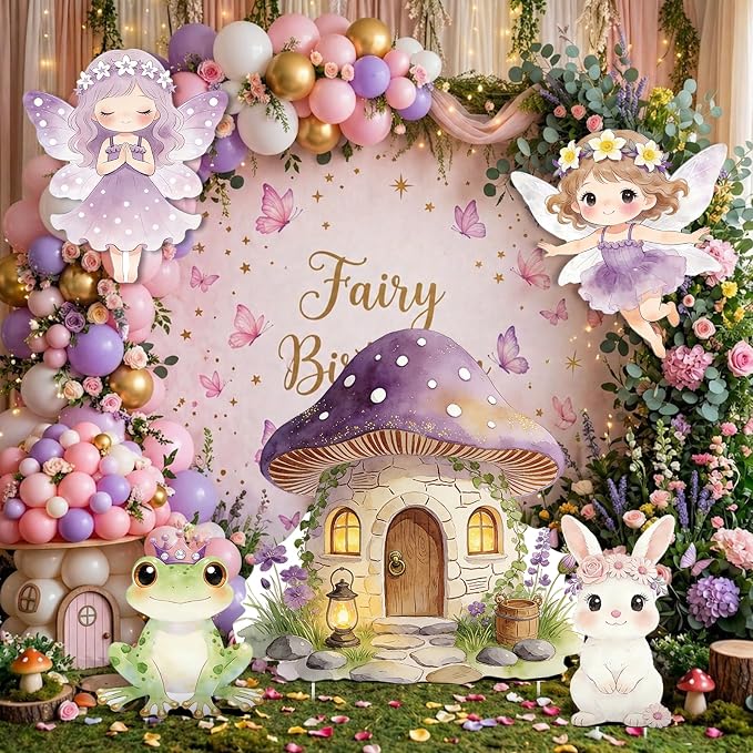 5PCS Purple Fairy First Birthday Decorations, Magical Woodland Cardboard Cutouts Corrugated Plastic Yard Signs Enchanted Garden Themed Party Supplies Princess Baby Shower Photo Props