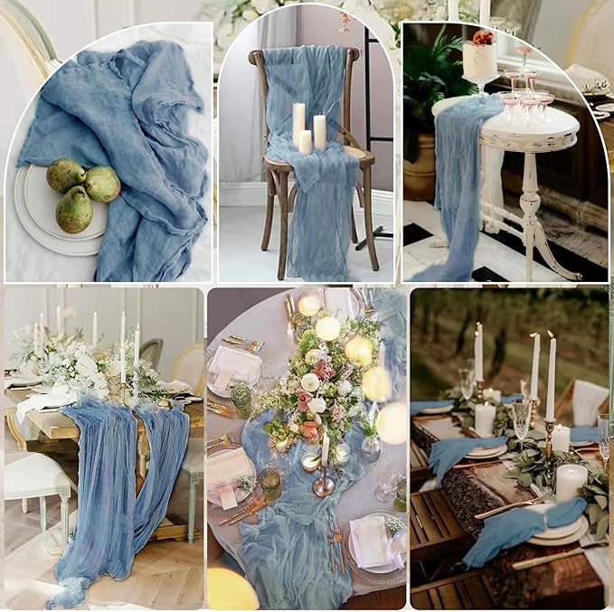 10 Pcs Dusty Blue Cheesecloth Table Runner 10FT, Gauze Table Runner for Wedding Reception Sheer Bridal Shower Birthday Party Boho Table Decoration, Rustic Romantic Wedding Runner