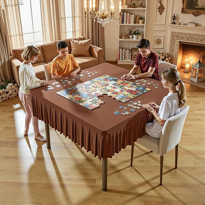 Wish Care 2 Pack Brown Spandex Tablecloths for 48x48 Inch Square Tables, Stretch Fitted Table Clothes with Pleated Ruffle Skirt for 48” Table, Wrinkle Free and Elastic, for Party Kitchen Home Dining