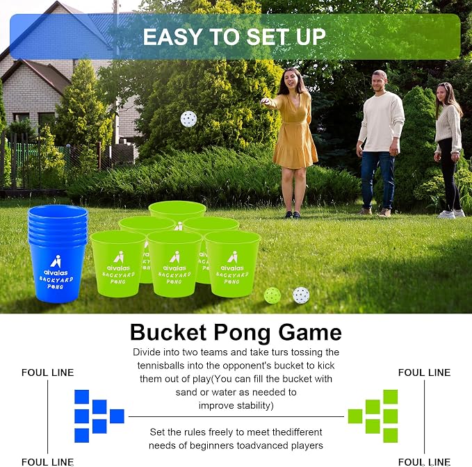 Aivalas Yard Pong Outdoor Games Glow Set in Dark, Giant Yard Pong Game for Adults and Family with 12 Buckets, 4 Balls and a Carrying Bag, Giant Pong for Beach, Camping, Lawn and Backyard