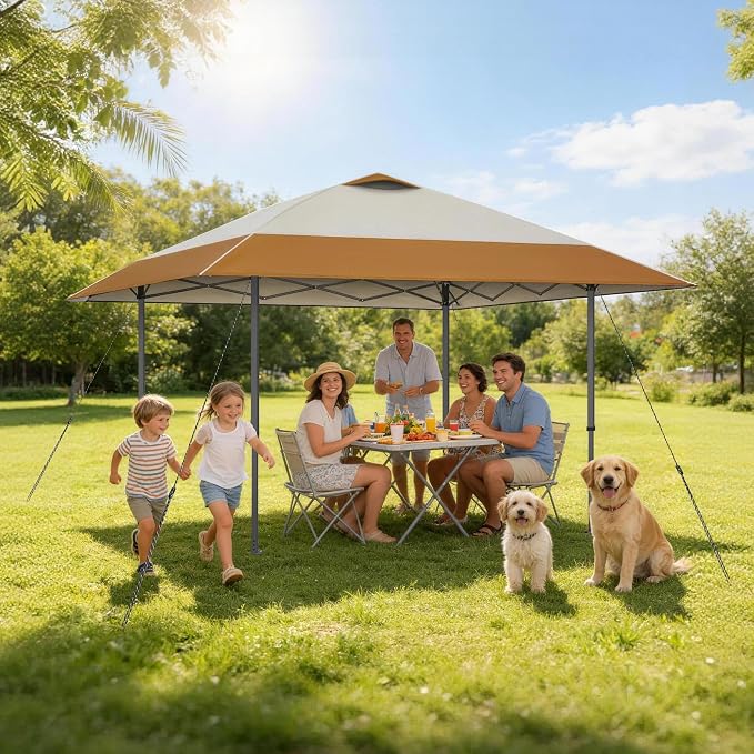 Explore Land 13x13 Pop Up Canopy with One Push Setup Heavy Duty Outdoor Sun Shade Tent for Beach,Camping,Events,Parties(Beige & Brown)