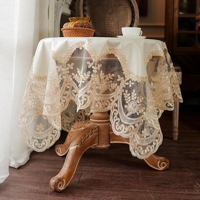 ARTABLE Lace Tablecloth Rectangle Waterproof Table Cover with Exquisite Macrame Border for Wedding Kitchen Holidays Party Decor (Beige, 41 x 41 Inch)