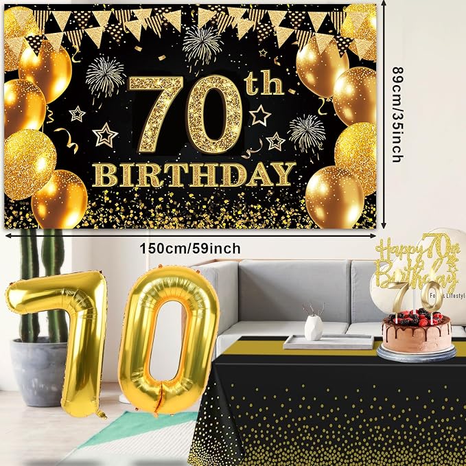 70th Birthday Decorations Men Women with 70th Birthday Banner, Black and Gold Table Cloth,Number Balloons, Large Sash, Cake Topper and Candles