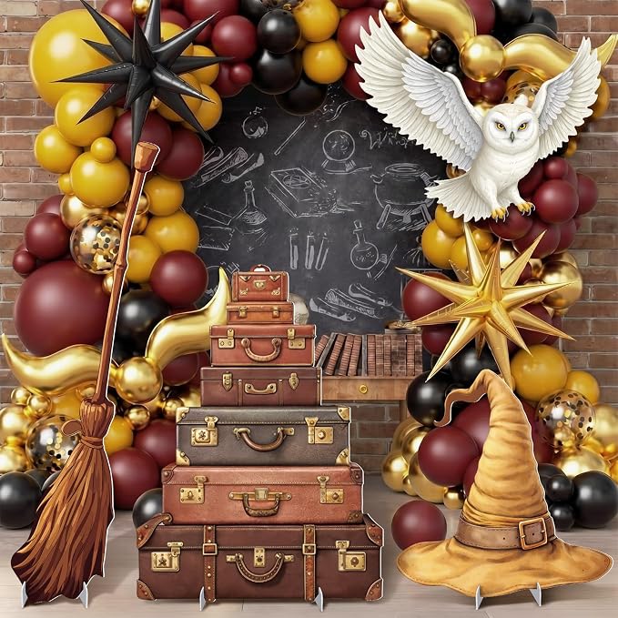 4 Pcs Magical Wizard Cardboard Cutout Standup Life Size Birthday Party Decorations Wizard Hat Owl Broom Cardboard Cutouts for Magic Theme Baby Shower Birthday Party Photo Backdrop Favors