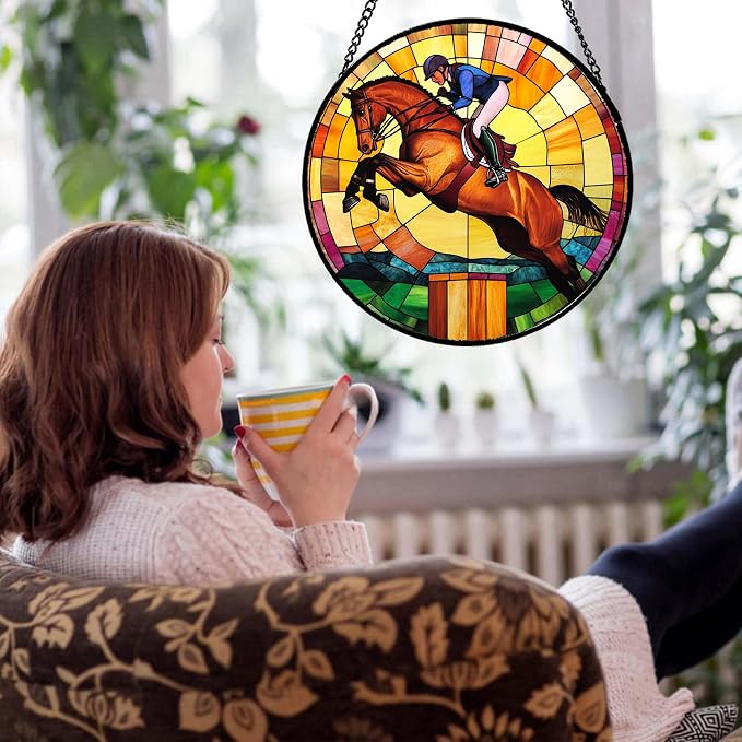 DASTOLL Stained Glass Window Hanging Equestrian Sports 6.3" - Horse Suncatcher Door Garden Sunroom Sun Catcher Home Decor Birthday Christmas for Mom Men Woman Nana