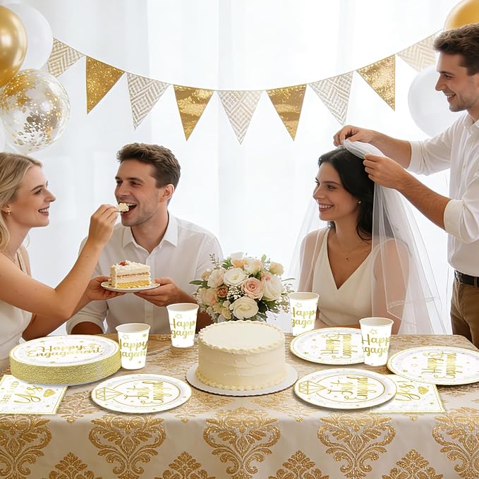 250 Pcs Happy Engagement Party Decorations White Gold Diamond Ring Plates Napkins Cups Disposable She Said Yes Tableware Set for Wedding Bridal Shower Just Engaged Party Supplies Serves 50