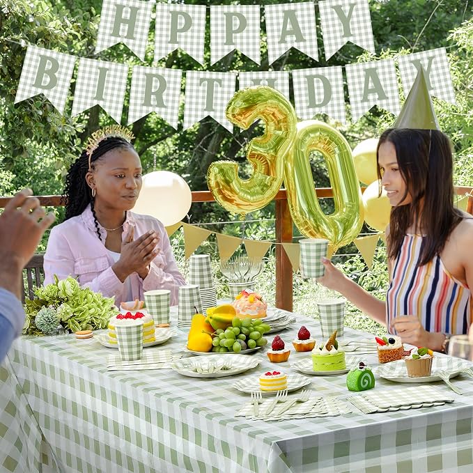 LemonRoad 128 Pcs Sage Green and White Birthday Party Decoration Women for 25 Guests, Gingham Checkered Green Birthday Paper Plates Napkins Cups Tablecloth Forks Banner for Birthdays Party Supplies