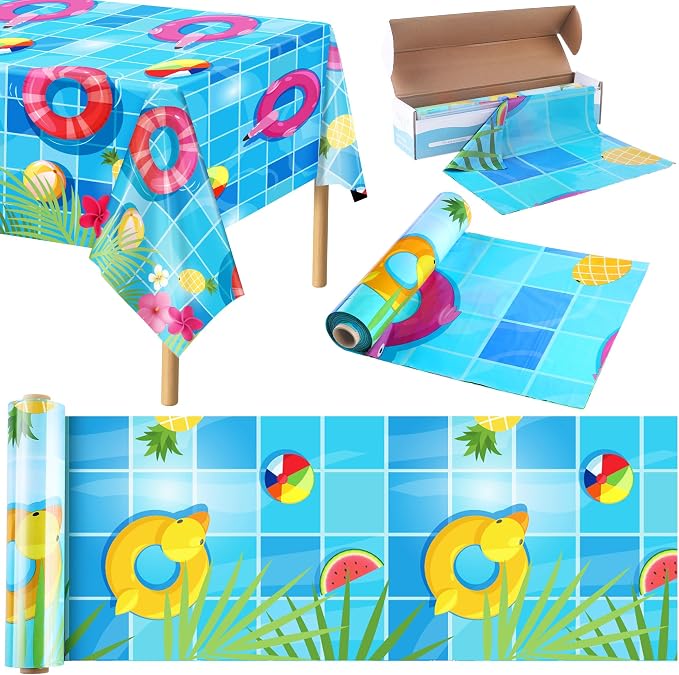 Kochorie 100 Ft x 54 Inch Swimming Pool Plastic Tablecloth Roll Pool Party Table Cover Roll with Cutter Box Summer Themed Ocean Backdrop for Summer Beach Pool Ocean Party Supplies