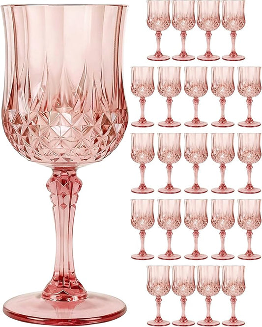 Plastic Wine Glasses Set, 7oz Vintage Goblets Shatterproof Unbreakable Reusable & Disposable, Drinking Glasses with Stem, for Wedding Outdoor Dinner Easter Party (24pcs, Rose Gold)