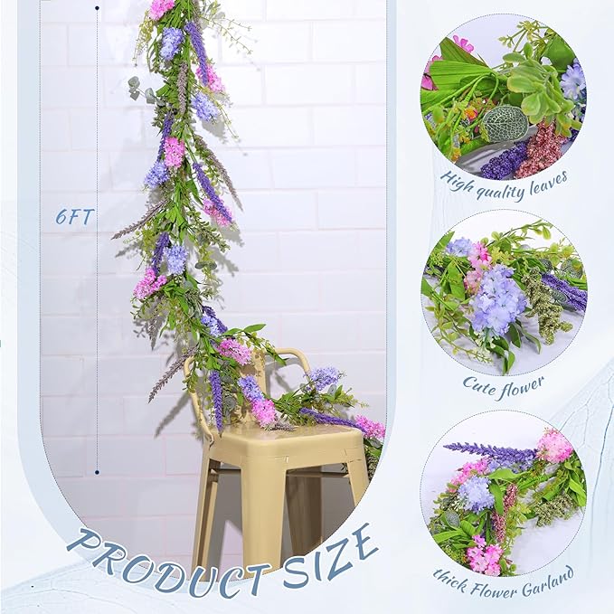 Giegxin 1 Pcs 6 ft Artificial Flower Garland with Lilac and Lavender Purple Pink Flower Fake Wisteria Vines Summer Greenery Eucalyptus Garland for Wedding Mantle Porch Stair Table Indoor Decor