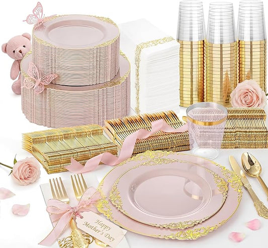 Nervure 350PCS Pink Plastic Plates - Pink Plastic Dinnerware Sets for 50 Guests - 100 Disposable Plates, 150 Gold Silverware, 50 Cups, 50 Napkins Perfect for Wedding & Party & Mothers Day