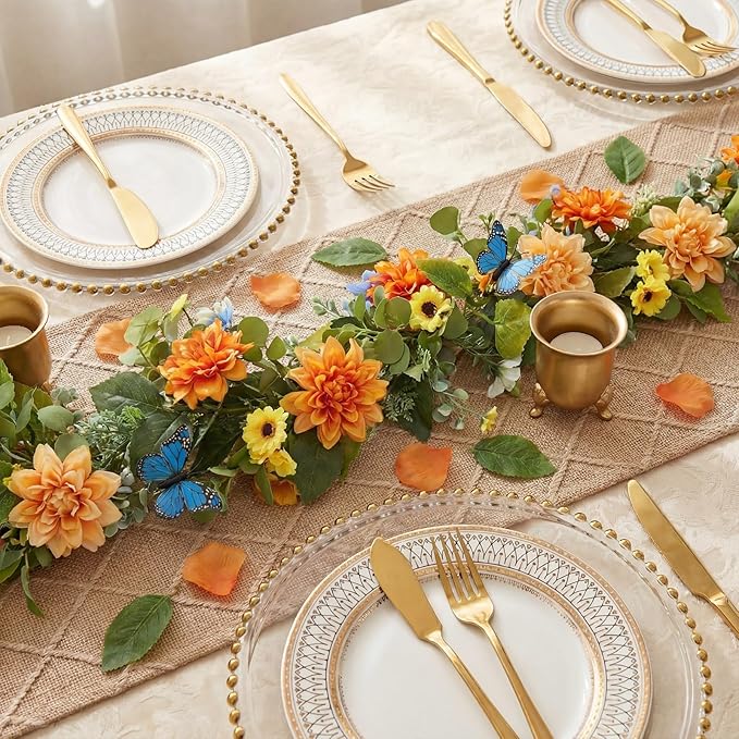 Giegxin 1 Pack 6 ft Artificial Flower Garland Flower with Dahlia and Daisy Yellow Fake Butterflies Wisteria Vines Summer Greenery Eucalyptus Garland for Wedding Mantle Porch Stair Table Indoor Decor
