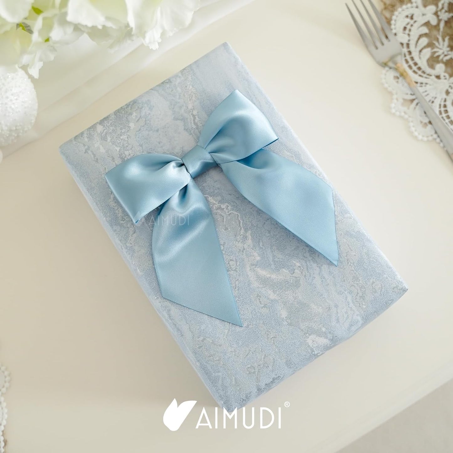 AIMUDI Dusty Blue Satin Bows 5.5" Bows for Gift Wrapping Satin Twist Tie Bows Premade Ribbon Bows for Treat Bags Invitations Baskets Wreaths Crafts Wedding Birthday Baby Shower Decorations, 24 PCs