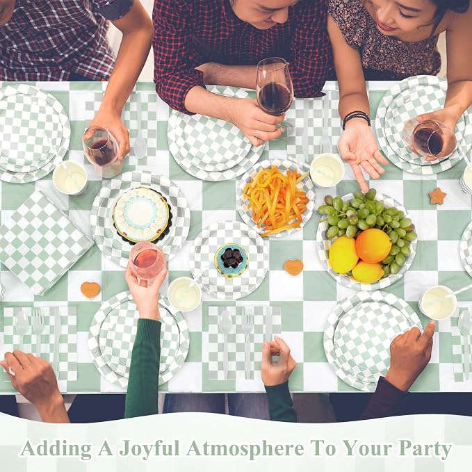 Funnymoom 452 Pcs Sage Green Gingham Party Supplies for 50, Light Green and White Checkered Gingham Paper Plates Napkins Cups Tablecloth Cutlery Straw for Picnic Birthday Baby Shower Decoration