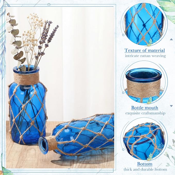 Chuangdi Set of 2 Coastal Glass Vases for Flowers TSITP Flower Vase with Boho Rope Small Sea Glass Jar Nautical Beach Bottle for Wedding Table Centerpieces Floral Arrangement Decor(Cobalt Blue)