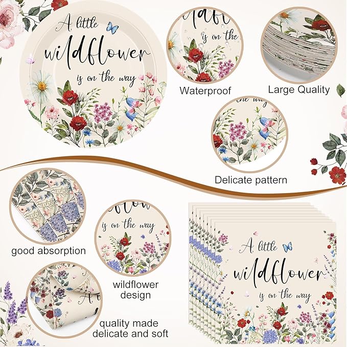 452 Pcs Wildflower Baby Shower Party Supplies for 50 Guest, Vintage a Little Wildflower Is on the Way Paper Plates Napkins Cups Tablecloth Cutlery Straws for Spring Summer Baby Shower Party Decoration