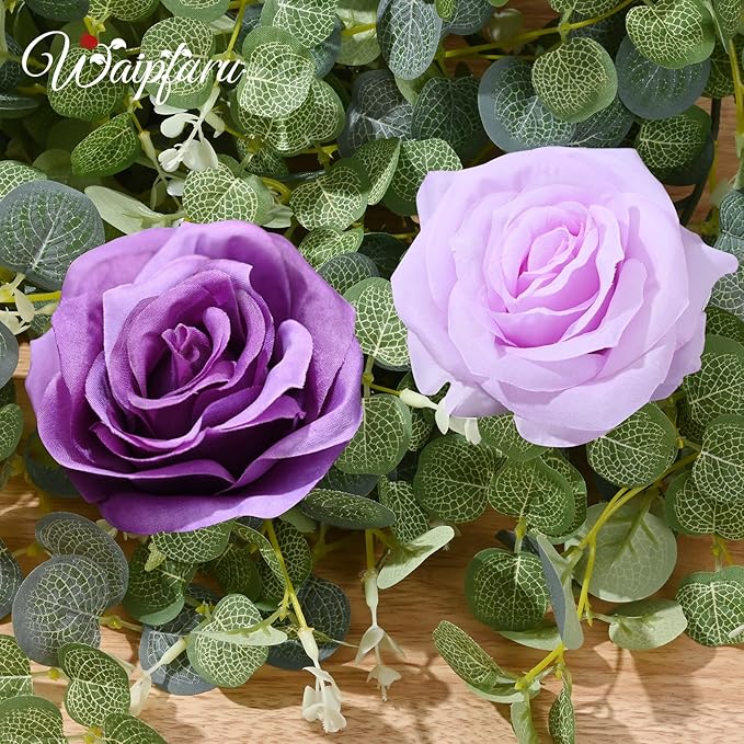 Waipfaru 2 Pcs Flower Garland, 6Ft Eucalyptus Garland with Flowers, Rose Floral Vines for Wedding Reception Table Mantle Room Spring Summer Decor (Purple)