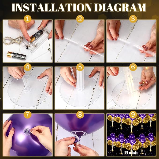 Junkin 10 Set Balloon Stand Kit for Centerpiece with LED String Light 100 Pcs Balloons Table Balloon Stand Centerpieces for Birthday Wedding Baby Shower Back to School Party Decor(Purple)