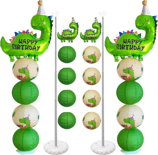 Dinosaur Balloon Column Stand Kit And Paper Lantern 2 Sets 5.5 Feet with Reusable Metal Telescopic Design for Dinosaur Parties, Party Supplie