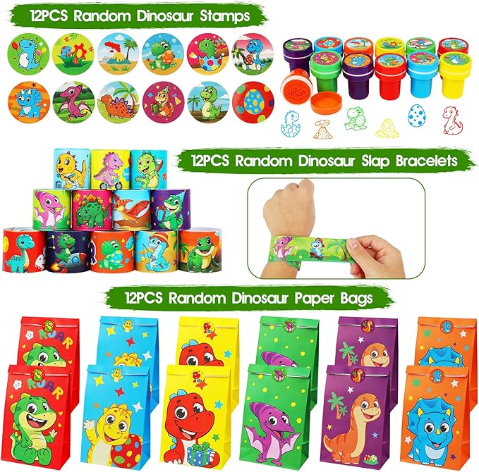 352PCS Dinosaur Party Favors, Dinosaur Birthday Party Decorations Supplies - Stickers Keychains Goodie Bags for Kids Birthday Return Gifts, Dino Slingshot Finger Fidget Toys Bulk