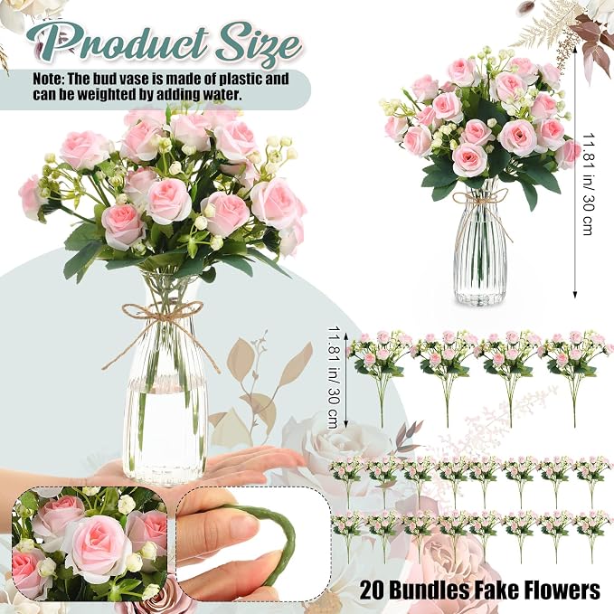Zeyune 31 Pcs Rose Artificial Flowers with Vase Bulk for Table Centerpiece, 20 Bundles Fake Silk Roses 10 Plastic Clear Vase with 1 Pcs Rope Arrangement Decoration Wedding Home Party(Pink)