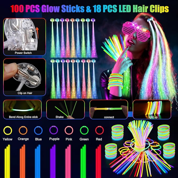 OLUPP 148 PCS Glow in the Dark Party Supplies, 16 Fiber Optic Wands, 14 LED Glasses, 100 Glow Sticks and 18 LED Hair Clips Fiber Optic for Neon Party, Wedding, Birthday, Concert, New Year