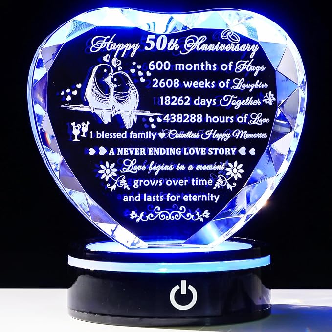 YWHL 50th Wedding Anniversary Crystal Heart Gifts for Parents Couple, Laser Engraved Romantic 50 Year Anniversary Crystal Keepsake Gifts for Wife Husband, 50 Years of Marriage Gift for Her Him