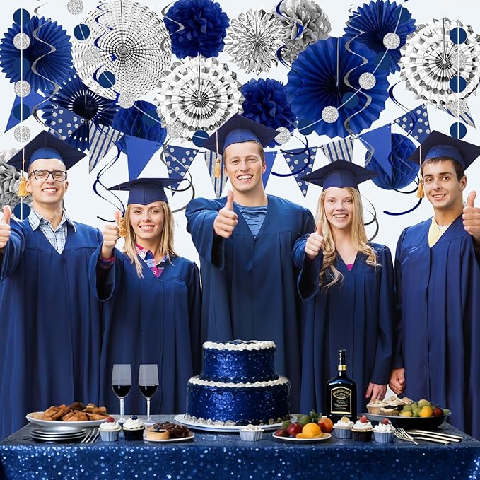 24 Pcs Blue and Silver Party Decorations, Paper Fans Honeycomb Pom Poms Pennant Garland, Reusable Hanging Supplies for 2026 Blue Graduation Decorations, Blue Birthday Decorations
