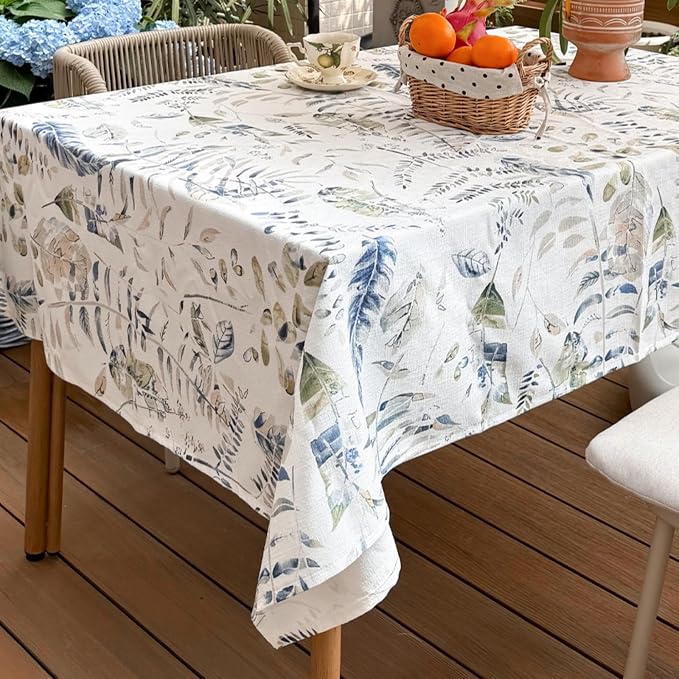 Rectangular Table Cloth 60x120 Inches, Cotton Linen Waterproof Fabric Tablecloth, Blue Green Leaf Print Decorative Table Cloth for Outdoor, Dining, Wedding, Party, Kitchen