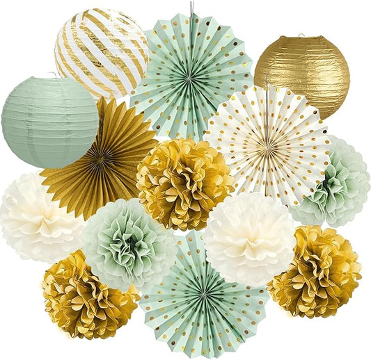 ADLKGG Sage Green Party Decorations, 14 Pcs Green and Gold Hanging Paper Fans, Lanterns, Pom Poms - Elegant Backdrop for Baby Shower, Bridal Shower, Birthday, Wedding, Engagement Party
