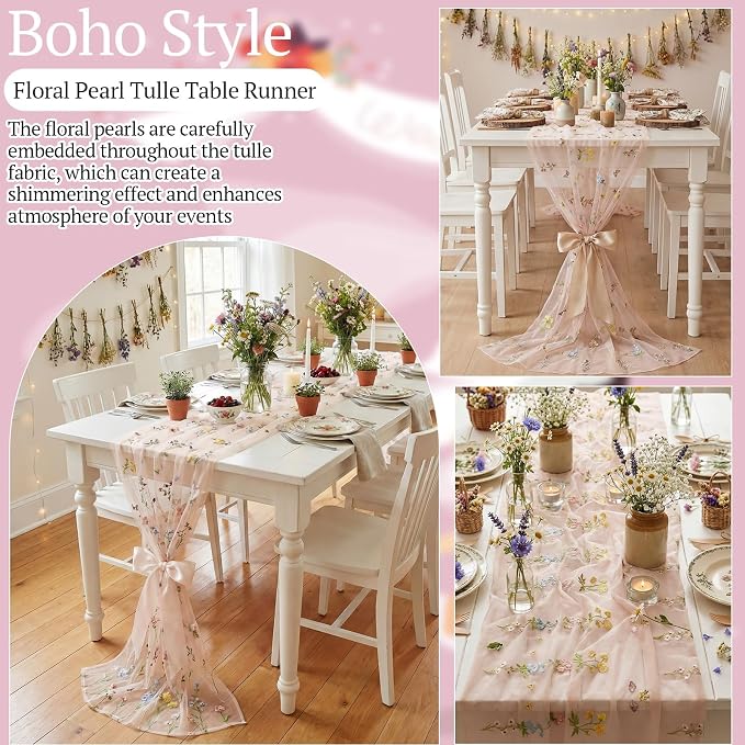 Lounsweer 3 Pcs Pink Wildflower Table Runner 10ft Embroidery Tulle Spring Floral Table Runner Seasonal Summer Butterfly Kitchen Dining Gauze Decoration for Wedding Baby Shower Birthday Party