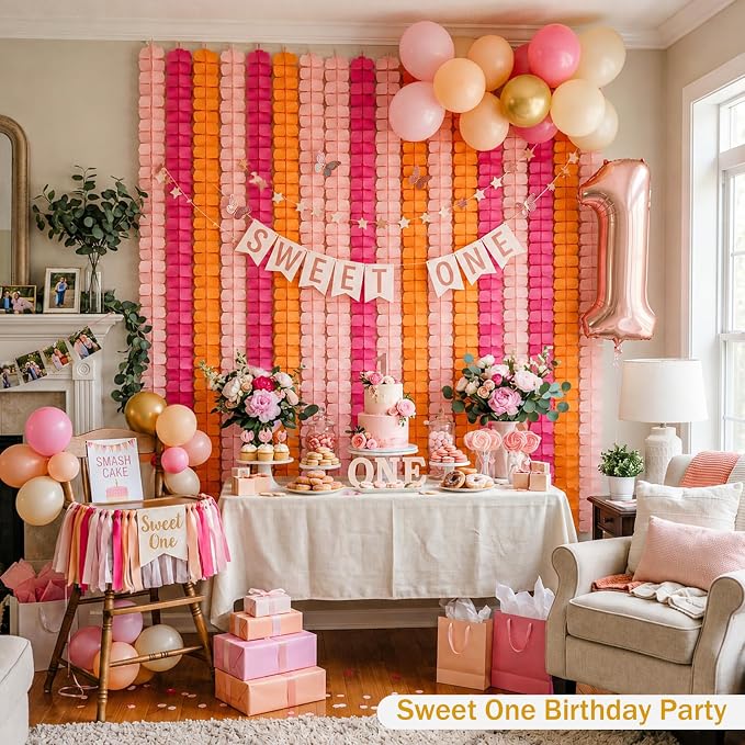 Hot Pink and Orange Party Decorations, 12Pcs 4-Leaf Paper Streamers | Paper streamer garlands for sunset parties, citrus spritz themes, birthdays, weddings, baby showers and bachelorette parties