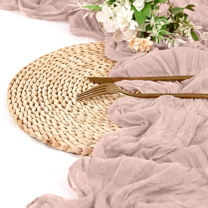 8 Pack Dusty Pink Cheesecloth Table Runner 10FT Boho Gauze Cheese Cloth Table Runner Rustic Sheer Fabric Table Runners for Wedding Bridal Shower Baby Shower Party(21.5×120 Inch)